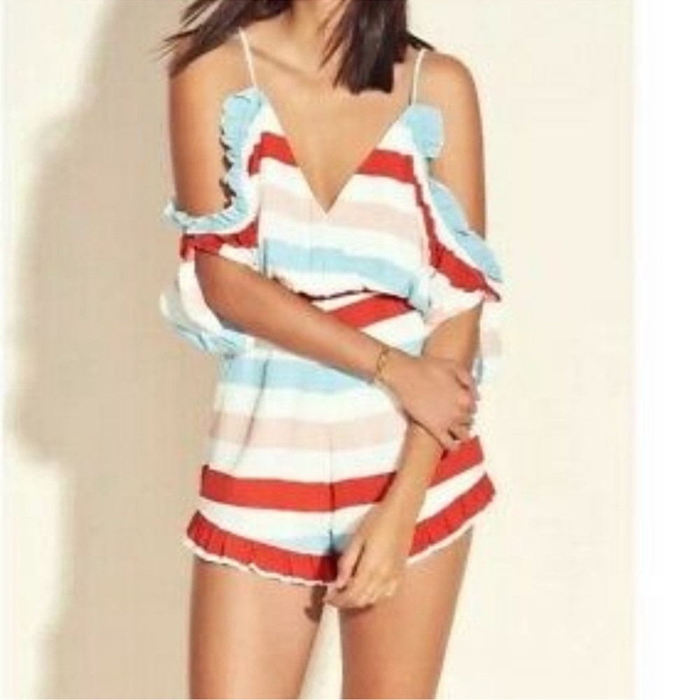 Lovers+Friends Striped Cold Shoulder Romper